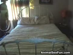Drips of cum flow all overt his amateur wife's face during a beastiality encounter with a K9
